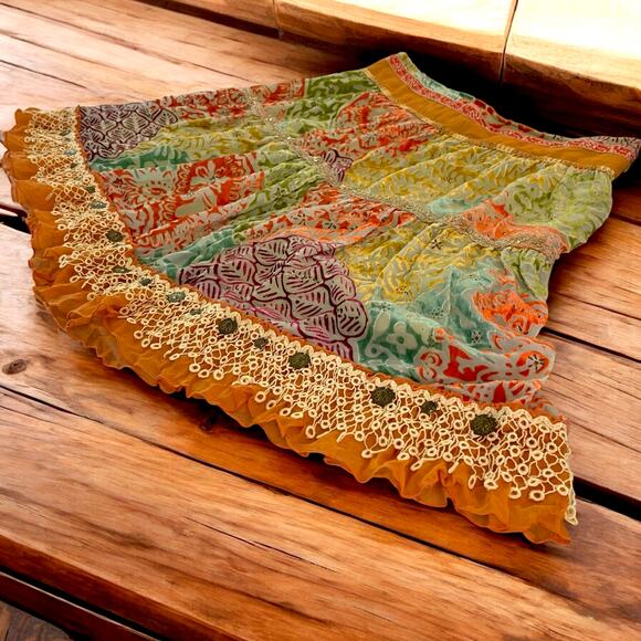 Boho Festival Silk Blend Gypsy Midi Skirt Devoré Velvet Cynthia Steffe Size 16 - Picture 2 of 14